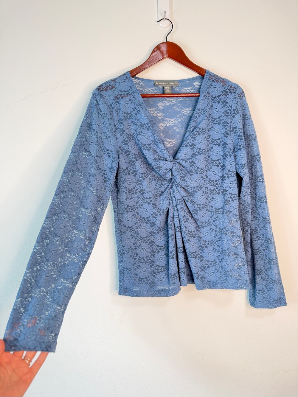 Vintage 90s Y2K Josephine Chaus Floral Lace Longsleeve Top Womens Large Sky Blue